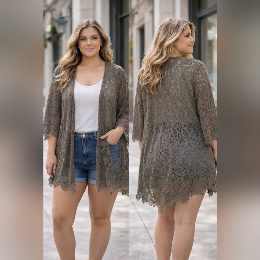 Mi Ami Lace Kimono Cardigan Taupe Boho Sheer Open Front Fringe Hem Size Small